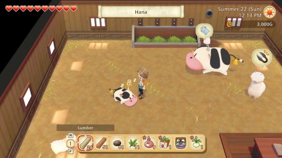 jogos como Animal Crossing Story of Seasons: algumas vacas redondas em um celeiro 