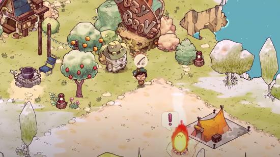 Um personagem de Cozy Grove pensando em ir pescar