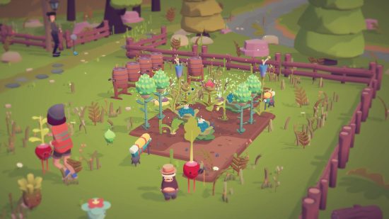 jogos como Animal Crossing ooblets: um monte de Ooblets cultivando em um jardim
