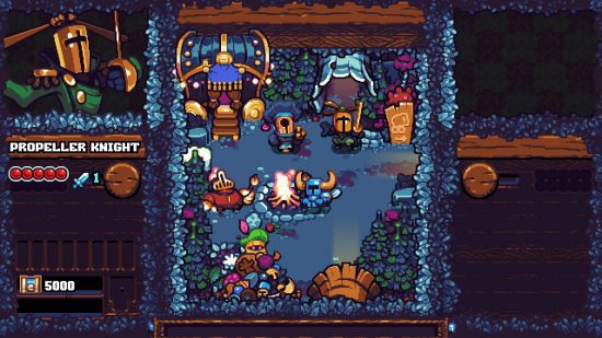 Um nível no jogo da Netflix Shovel Knight Pocket Dungeon cheio de pedras preciosas e monstros