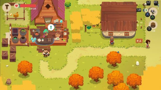 Jogos Netflix Moonlighter: uma vila com um atendente de loja e outras pessoas por perto