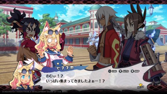 disgaea-7-review-4 Revisão de Disgaea 7 - personagens de anime 2D conversando, três são silhuetas, uma é uma garota com orelhas de gato parecendo chocada.