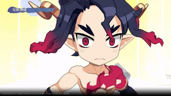 disgaea-7-switch-3 Revisão de Disgaea 7 - Um homem de cabelo espetado, cabeça grande e corpo minúsculo, com uma marca vermelha no peito e orelhas pontudas.