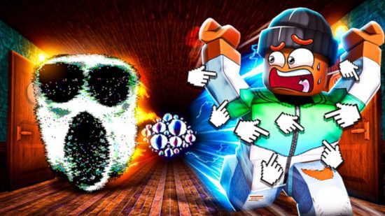 Arte principal de um personagem Roblox fugindo de um monstro no guia clicker Doors Race Clicker for Roblox