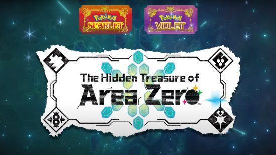 pokémon escarlate e violeta dlc 3 Pokémon Scarlet e Violet DLC: O logotipo do Tesouro Escondido da Área Zero com os logotipos de Pokémon Scarlet e Violet acima dele.