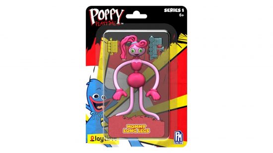 Um brinquedo Poppy Playtime Mommy Long Legs figura articulável em uma caixa vermelha e amarela