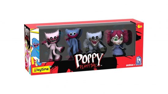 Quatro figuras colecionáveis ​​de brinquedos Poppy Playtime em uma caixa