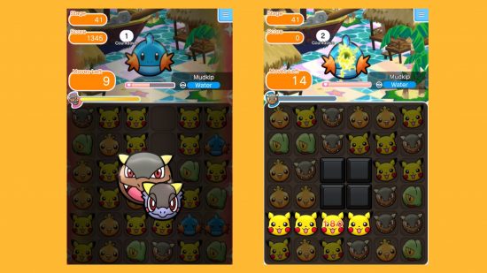 jogos grátis de Pokémon Pokémon Shuffle Duas capturas de tela mostrando um nível em jogos Pokémon gratuitos Pokemon Shuffle