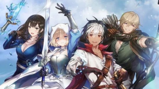 Personagens da lista de nível Brown Dust kkey art com vários heróis na tela