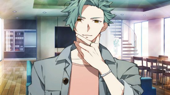 Revisão do Charade Maniacs Switch - Futami com a mão contra o queixo parado em uma sala