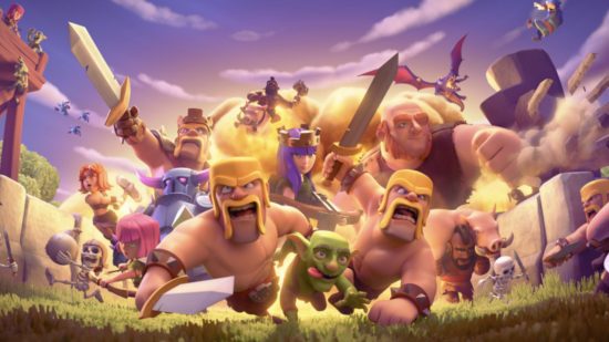 Arte principal dos personagens do Clash of Clans avançando para a batalha pelo guia de gemas do Clash of Clans