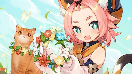 Arte de aniversário de Genshin Impact Diona mostrando-a segurando uma coroa de flores cercada por gatos
