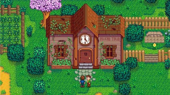 Captura de tela do lado de fora do centro comunitário em Stardew Valley para obter o melhor guia de jogos para um jogador