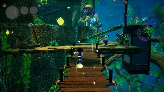jogos ruins no switch Balan Wonderworld: um personagem correndo por uma ponte de madeira em uma selva