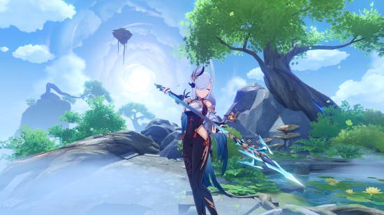 Shenhe do Genshin Impact empunhando sua arma de haste