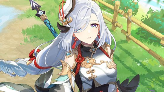 Genshin Impact Shenhe olhando para cima