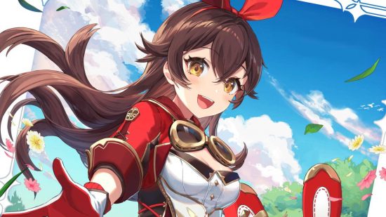 Arte oficial do aniversário de Genshin Impact Amber mostrando-a estendendo a mão e sorrindo