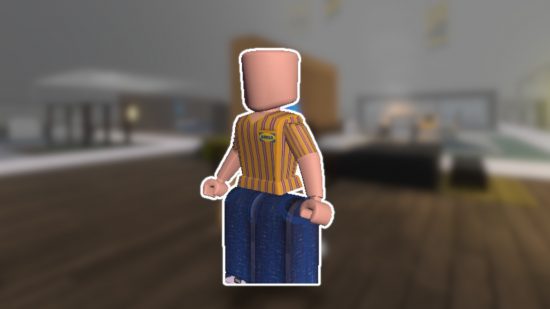 3008 Roblox: Um personagem de funcionário amplo de 3008 contornado em branco e colado em um fundo desfocado