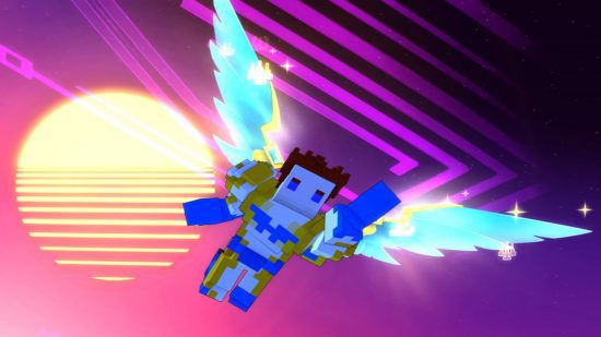 Jogos como Minecraft: Um personagem de Trove vestindo uma armadura branca, azul e amarela voando pelo céu com asas de anjo azul claro.  O fundo é um pôr do sol no estilo vaporwave.