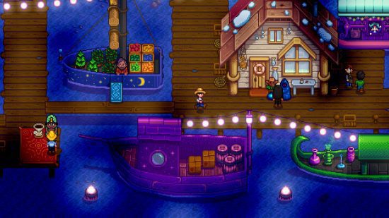Jogos como Minecraft: uma captura de tela de Stardew Valley mostrando o píer à noite, iluminado por luzes de fada penduradas.  O mar é de um azul escuro.
