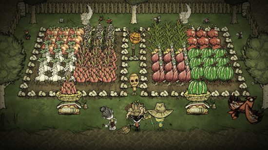 Jogos como Minecraft: uma captura de tela de uma fazenda assustadora em Don't Starve Together.