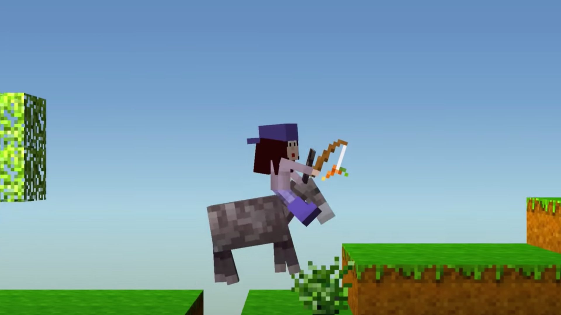 Uma captura de tela do The Blockheads, um jogo como o Roblox, mostrando um personagem montado no pescoço de um burro.