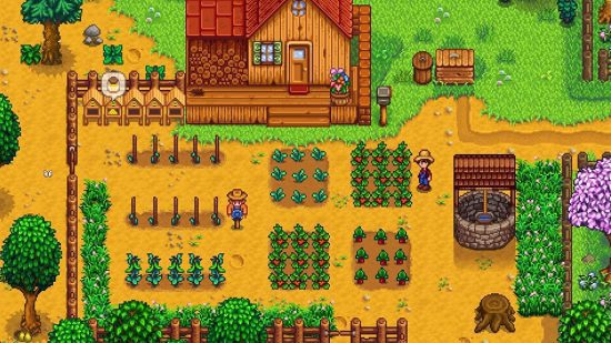 Uma fazenda florescente em jogos baratos Stardew Valley com um espantalho, poço e casa de fazenda