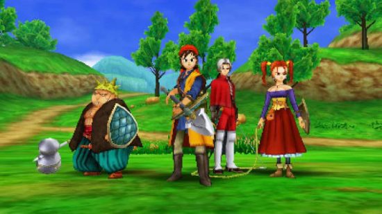 Jogos Dragon Quest: Uma captura de tela do Dragon Quest VIII mostra o grupo, incluindo o herói