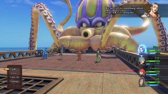 Jogos Dragon Quest: Uma captura de tela do Dragon Quest XI mostra todo o grupo em um barco lutando contra uma lula gigante