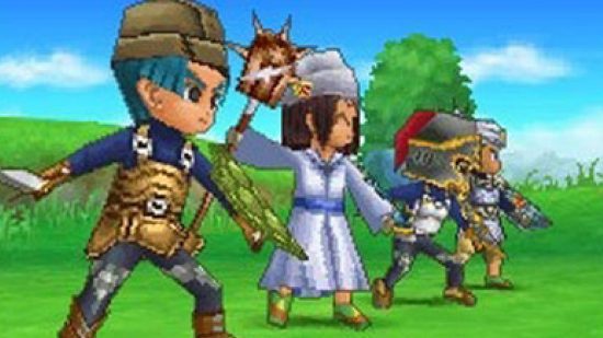 Jogos Dragon Quest: Uma captura de tela de Dragon Quest IX mostra todo o grupo pronto para a batalha
