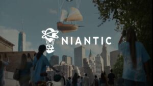 A Niantic logo over a darker image of people on their phones aimed at a large pirate boat shaped airship in the sky