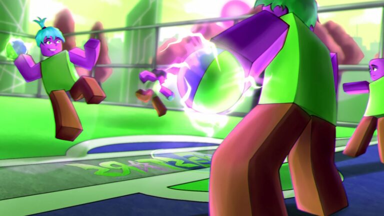 Roblox characters getting ready to throw dodgeballs at other players.