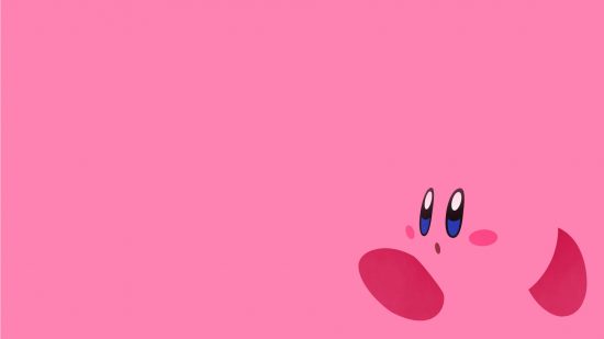 Papéis de parede de Kirby: Um fundo de papel de parede rosa simples com uma ilustração de Kirby sem linhas no canto inferior direito.  Seu corpo é da mesma cor do fundo, então os detalhes são seu rosto e seus pés.