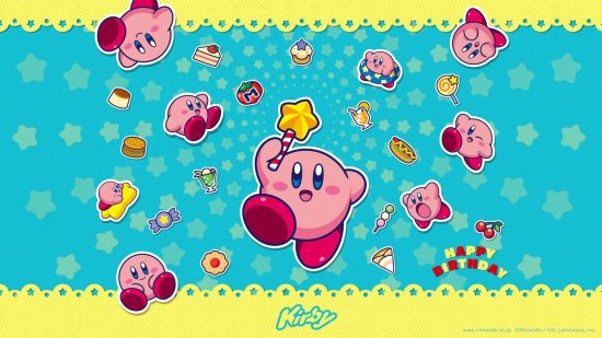 Papéis de parede Kirby: Um fundo azul-petróleo com uma viagem amarela pálida, apresentando vários Kirbies em diferentes poses com contornos brancos como se fossem adesivos.  Há também doces, cachorros-quentes e Metamatos.  O Kirby no meio está segurando uma varinha mágica no ar.