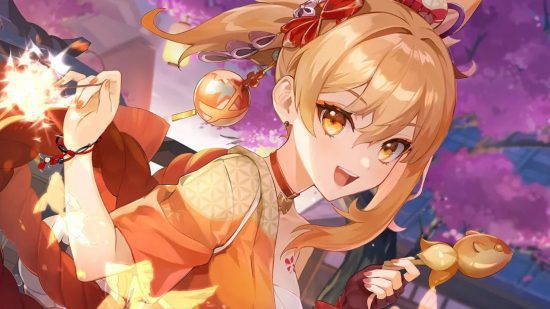 genshin-impacto-yoimiya-3 Genshin Impact Yoimiya sorrindo e segurando um lanche na mão