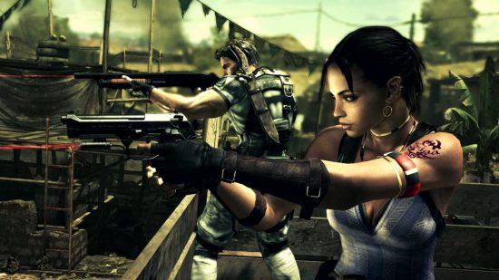 Resident Evil 5 remake de Sheva e Chris atirando