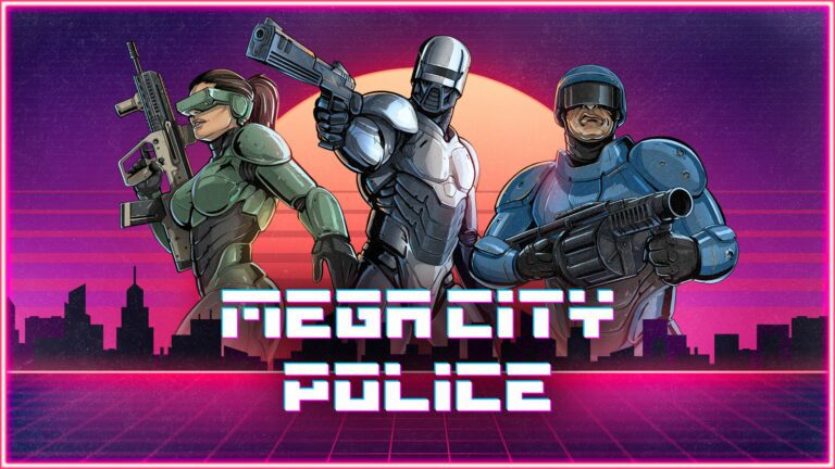 Three robotic police officers with guns stand over the logo for Mega City Police