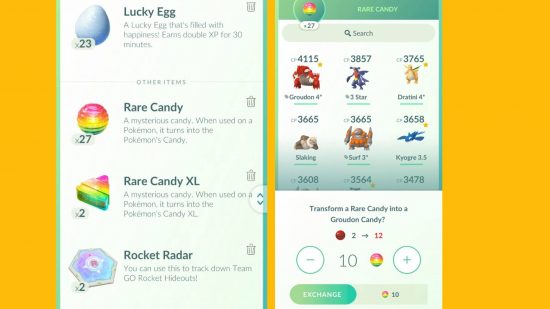Doces raros Pokemon Go: duas capturas de tela mostram como selecionar doces raros no menu Pokemon Go