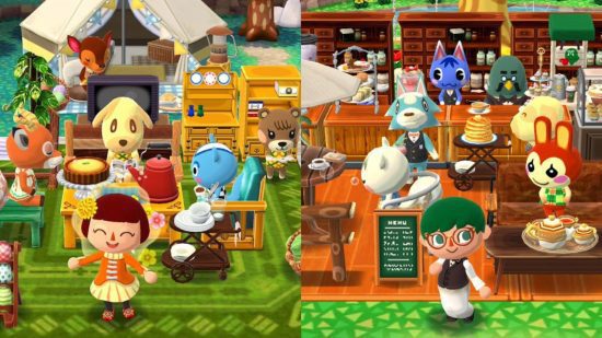 jogos fáceis cruzamento de animais: duas cenas movimentadas cheias de móveis, aldeões animais e um aldeão humano