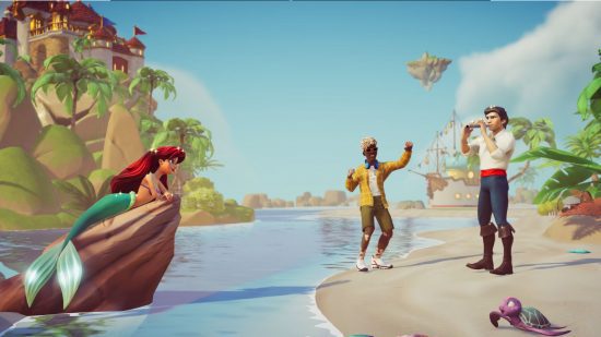 jogos fáceis Disney Dreamlight Valley: Ariel e o príncipe Eric passeando na praia à beira-mar