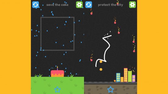 duas capturas de tela de jogos fáceis Squiggle Drop mostrando a mecânica do quebra-cabeça