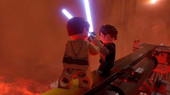 jogos fáceis lego saga Skywalker: dois personagens lutando com sabres de luz