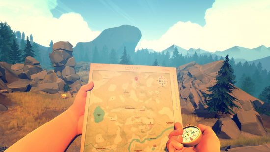 jogos fáceis firewatch: duas mãos segurando um mapa e uma bússola no meio da selva