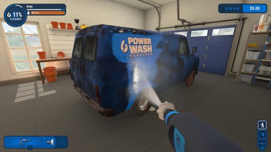 jogos fáceis Simulador PowerWash: um ponto de vista de uma pistola de lavagem elétrica apontada para uma van