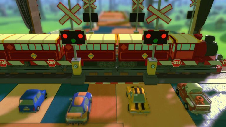 Four cars with varying bodies and designs sit in front of a train crossing in front of them