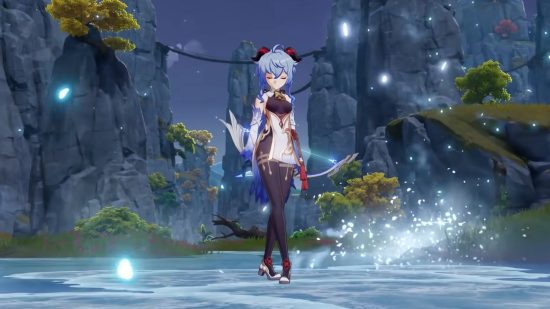 Ganyu de Genshin Impact no meio de um lago gelado segurando seu arco