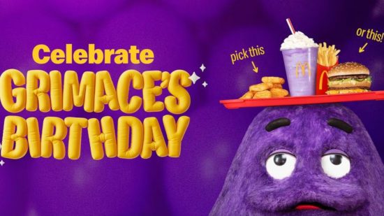 Arte promocional para o aniversário de Grimace com careta na tela