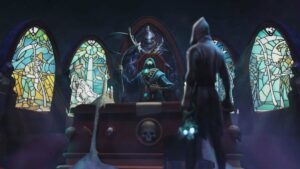 Necromancer character standing in front of an altar with stained glass windows.