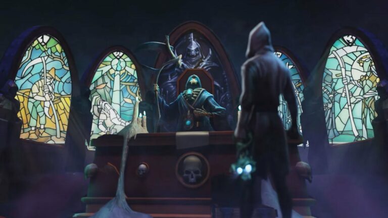 Necromancer character standing in front of an altar with stained glass windows.