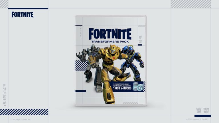 A retail image for the Transformers Pack including Bumblebee, Megatron, and a Transformer version of the Fortnite battle bus